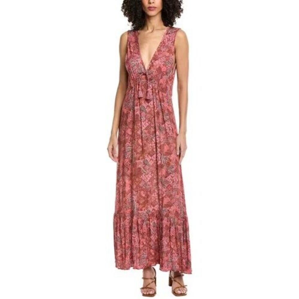 FAHERTY Women’s Eden Floral Ruffle Hem Sleeveless Maxi Dress size M Brown NWT